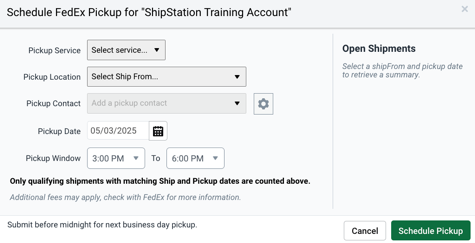 FedEx pickup pop-up screen showing all options
