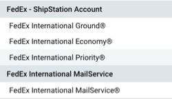 FedEx service drop-down with FedEx International MailService