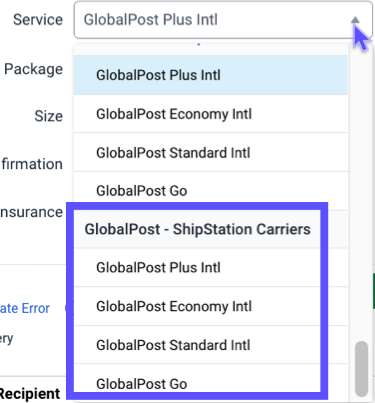 Service menu with the GlobalPost services highlighted