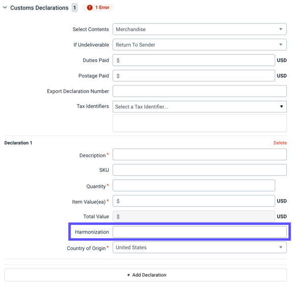 The Harmonization Code field is highlighted in the customs declarations section of Order Details.