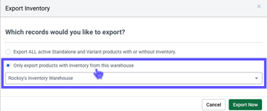 V3 Export Inventory pop-up with Only Export products with inventory from this warehouse highlighted.