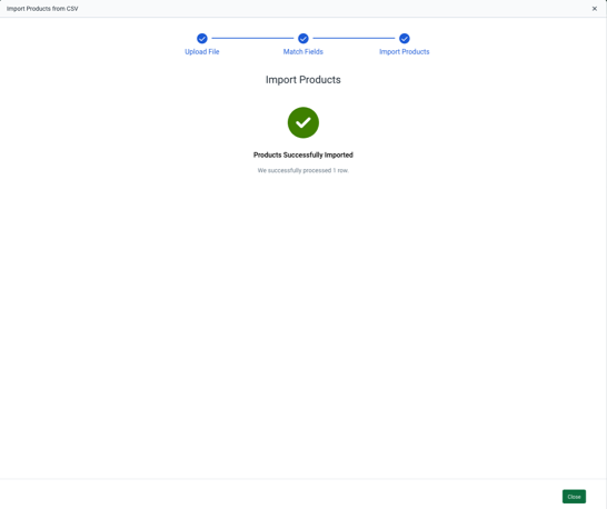 Import popup. Shows Success message and link to review any possible errors.