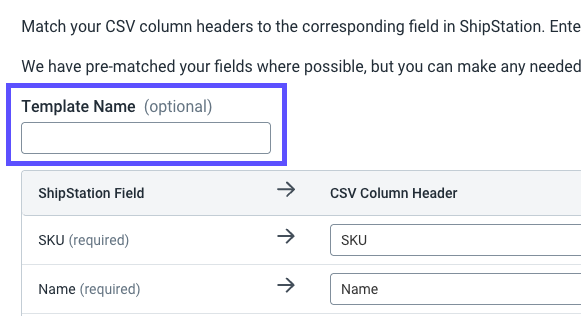 Import Products popup. Box highlights the Template Name (optional) field
