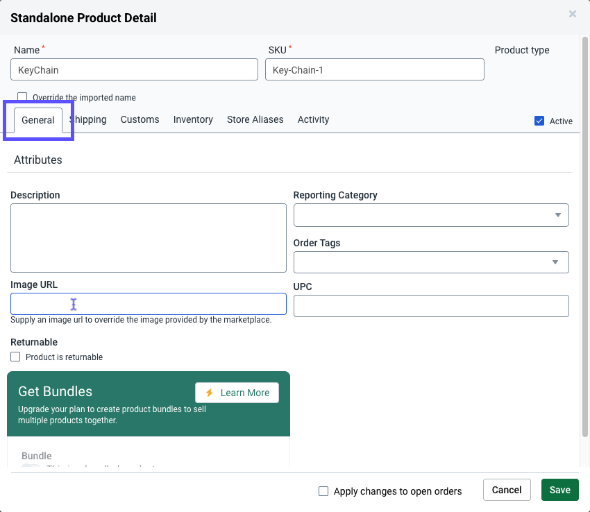 Product Details screen with the General tab open.
