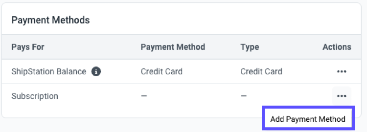 Actions menu for Payment Methods with Update Payment Method selected