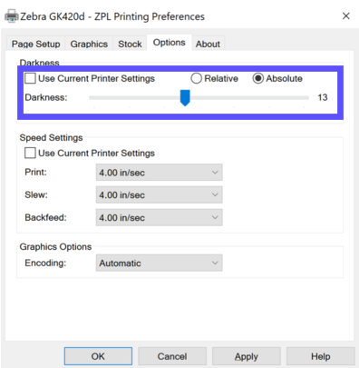 Windows Printing Preferences Options tab open with darkness set to absolute 13.