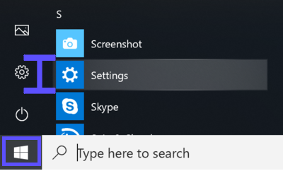 Windows start menu open from bottom left of desktop, with Settings menu option highlighted.