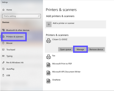 Windows Printers & Scanners menu open from Settings, with Manage button highlighted beneath connected Citizen printer.