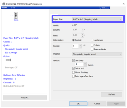 Windows Printing Preferences Basic tab open with Paper Size set to 4.07 by 6.4 inches.