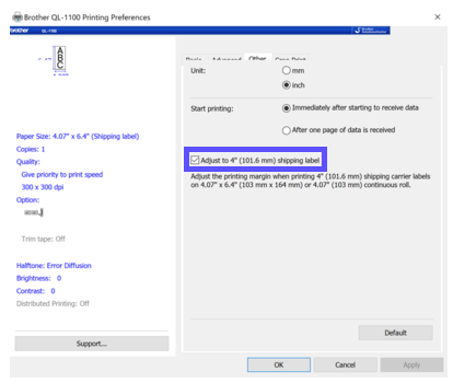Windows Printing Preferences Other tab open, with "Adjust to 4 inch shipping label" option checked.