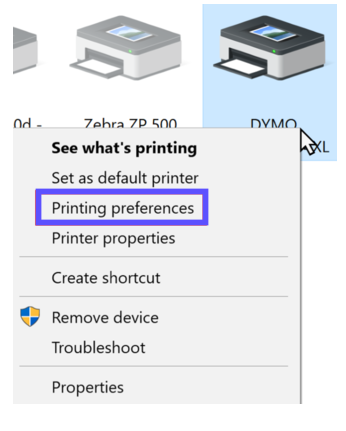 Right-click menu of DYMO printer with Printing Preferences option highlighted.