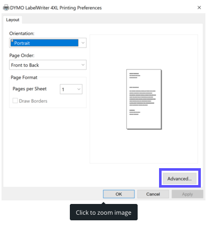 Windows Printing Preferences Layout tab with Advanced button highlighted by red box.