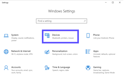 Windows Settings page open with Devices icon highlighted by red box.