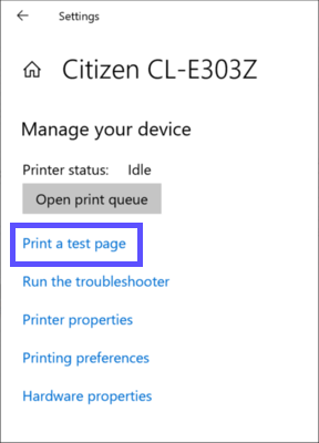 Citizen printer manage device menu with "Print a test page" option selected.