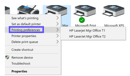 Right-click printer to open settings menu. Hover over Printing Preferences to see print tray options.