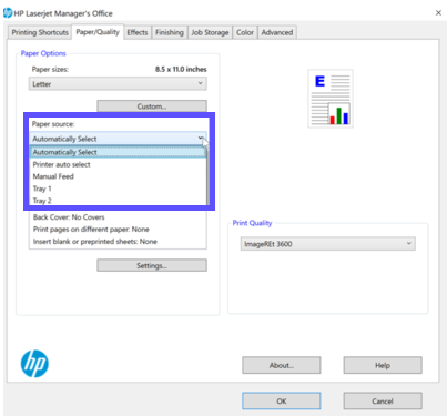 Printer properties Paper Quality tab with paper source highlighted.