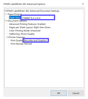 Printing Preferences Advanced Options for DYMO with paper size set to 4x6 and print quality set to Barcodes and Graphics.