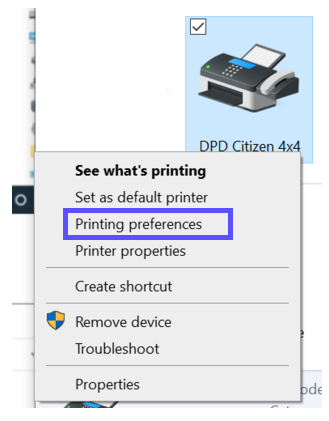 Right-click menu of DPD Citizen 4x4 printer open with Printing Preferences option highlighted.