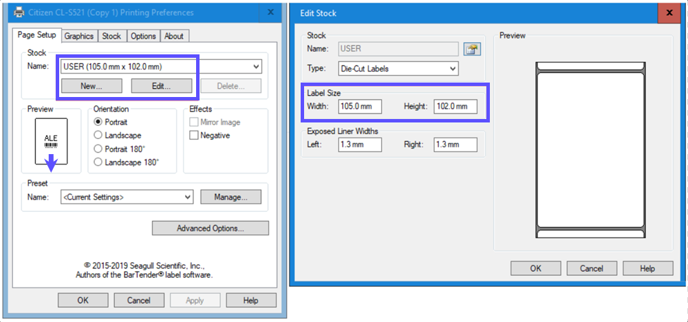 Printer references screen shown with page size set to 105mm by 102mm.