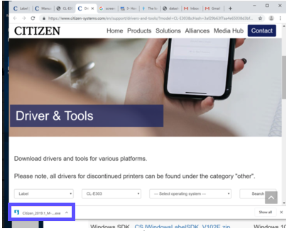 Citizen website open in Google Chrome browser with E303Z driver downloading for Windows.