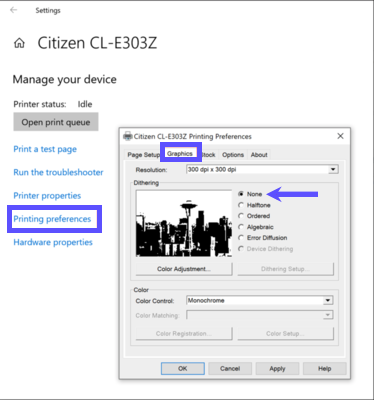 Windows Printing Preferences settings open to Graphics tab, with Dithering option set to None.