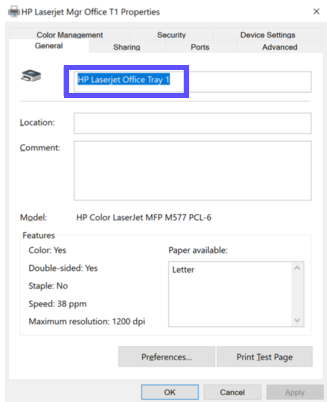 Printer Properties window open for HP Laserjet Tray 1, with name field highlighted.