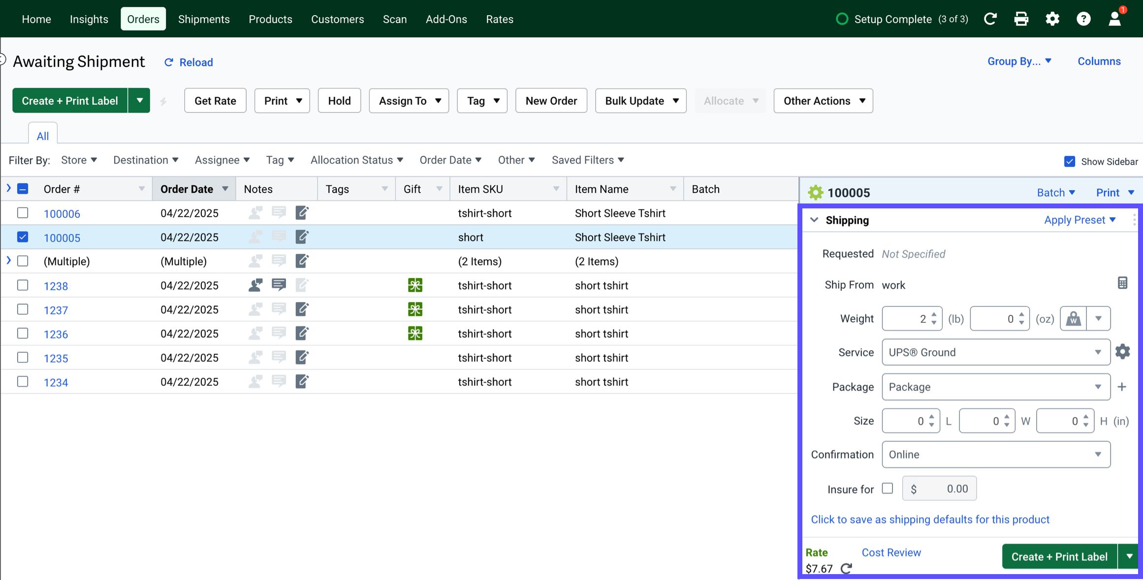 Orders grid with an order selected and the configure shipment widget highlighted in the sidebar