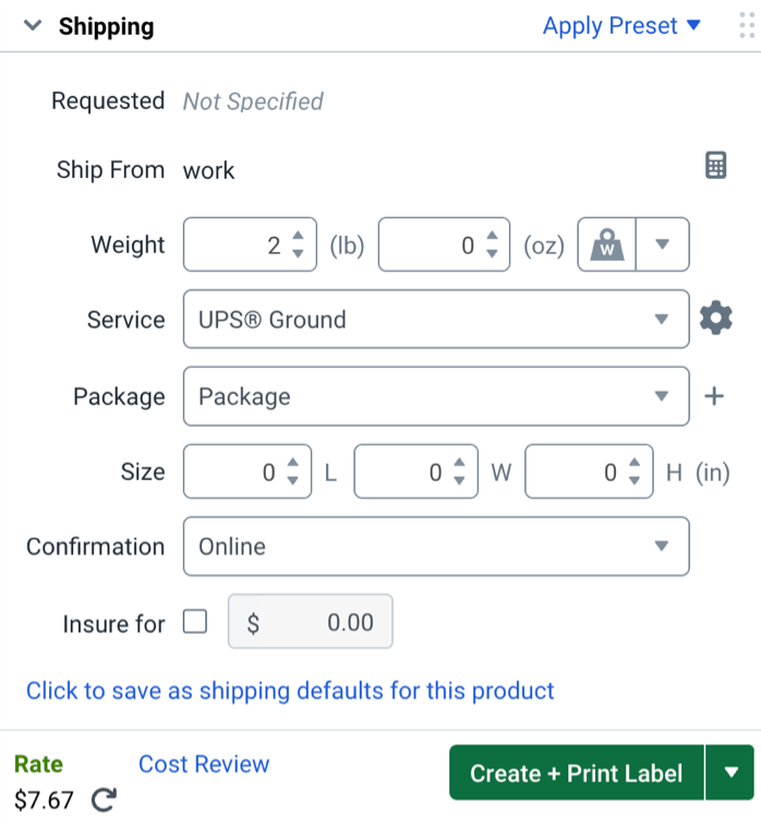 The Configure Shipment Widget with service options and a label rate