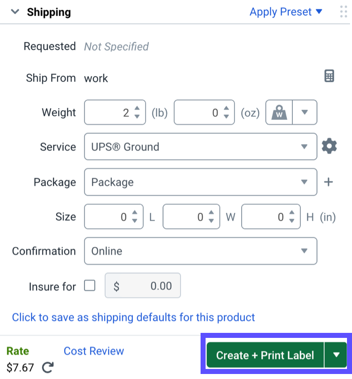 Shipping sidebar with Create + Print Label button highlighted.
