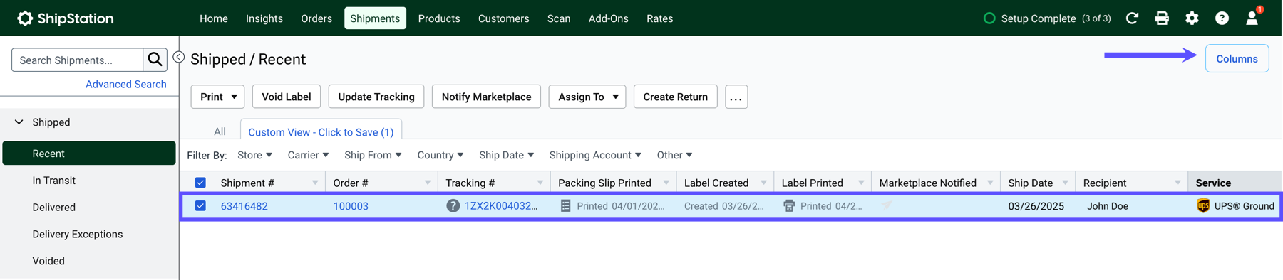 Shipping grid with shipment highlighted and arrow pointing to Columns menu.