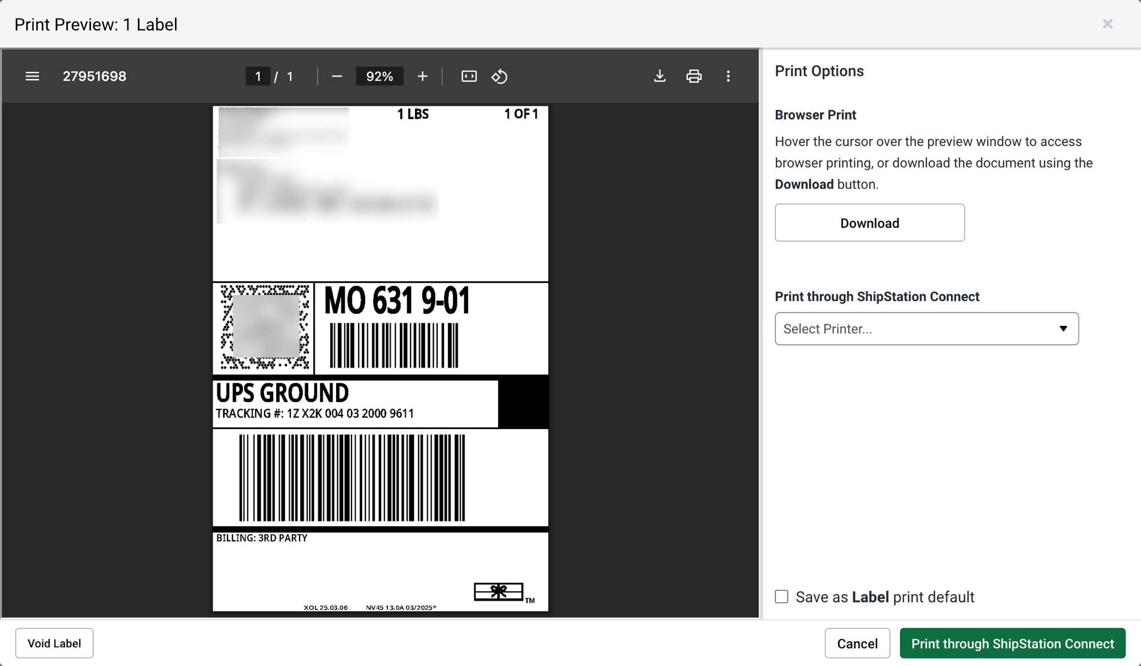 Print Label popup with label PDF example image.