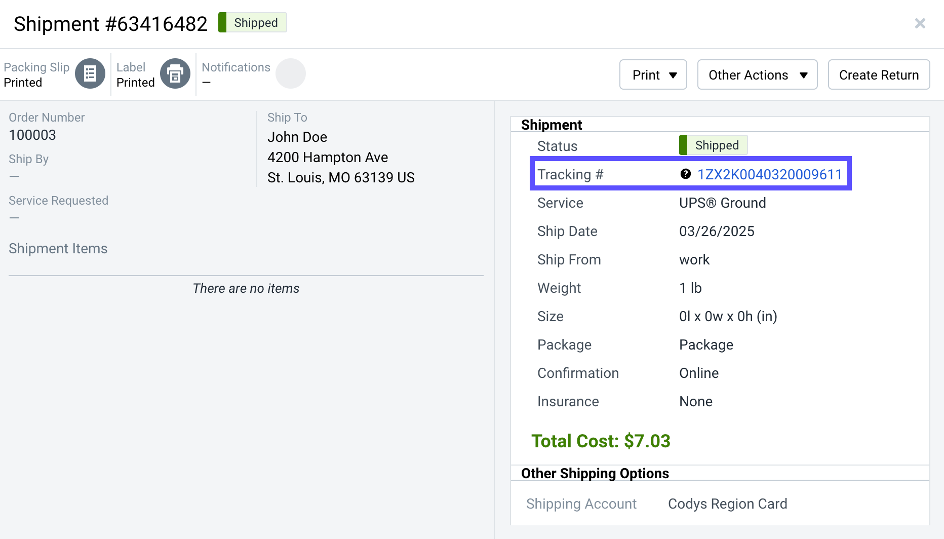 Shipment Details screen highlighting the tracking number.