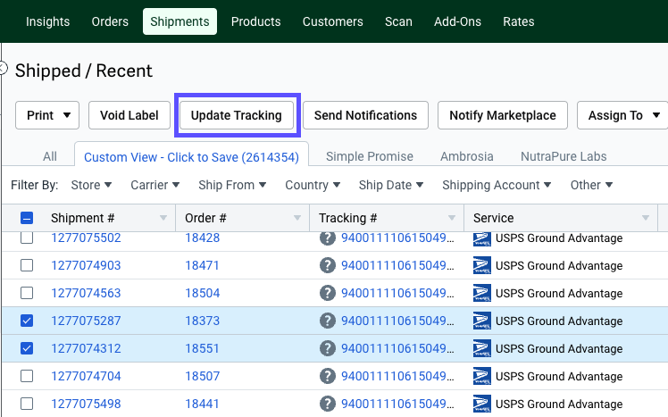 Shipments tab: shows an order selected with box around the Update Tracking button.