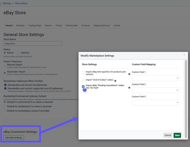 Store settings image: Box highlights option to Import eBay Pending Cancellation orders into On Hold status