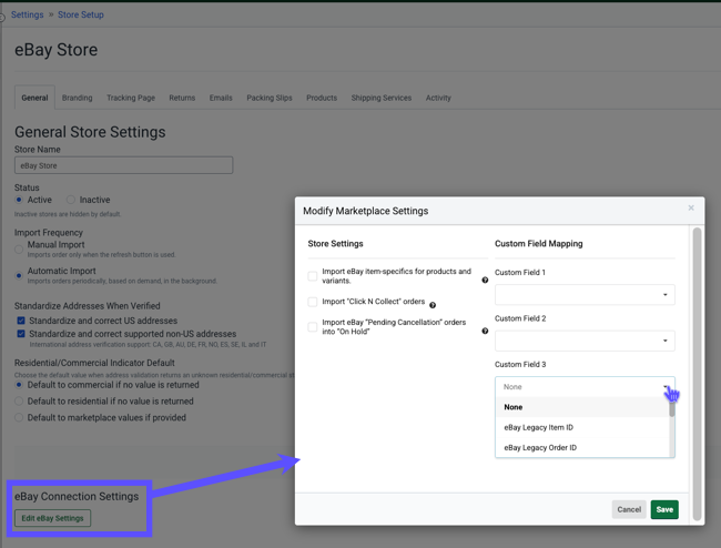 eBay edit store settings popup with custom fields highlighted