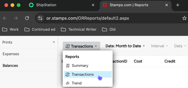 Stamps.com Reports > Balances screen with Report type set to Transactions