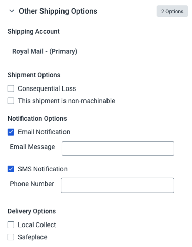 Royal Mail Shipment option with the notification options for Email and SMS checked.