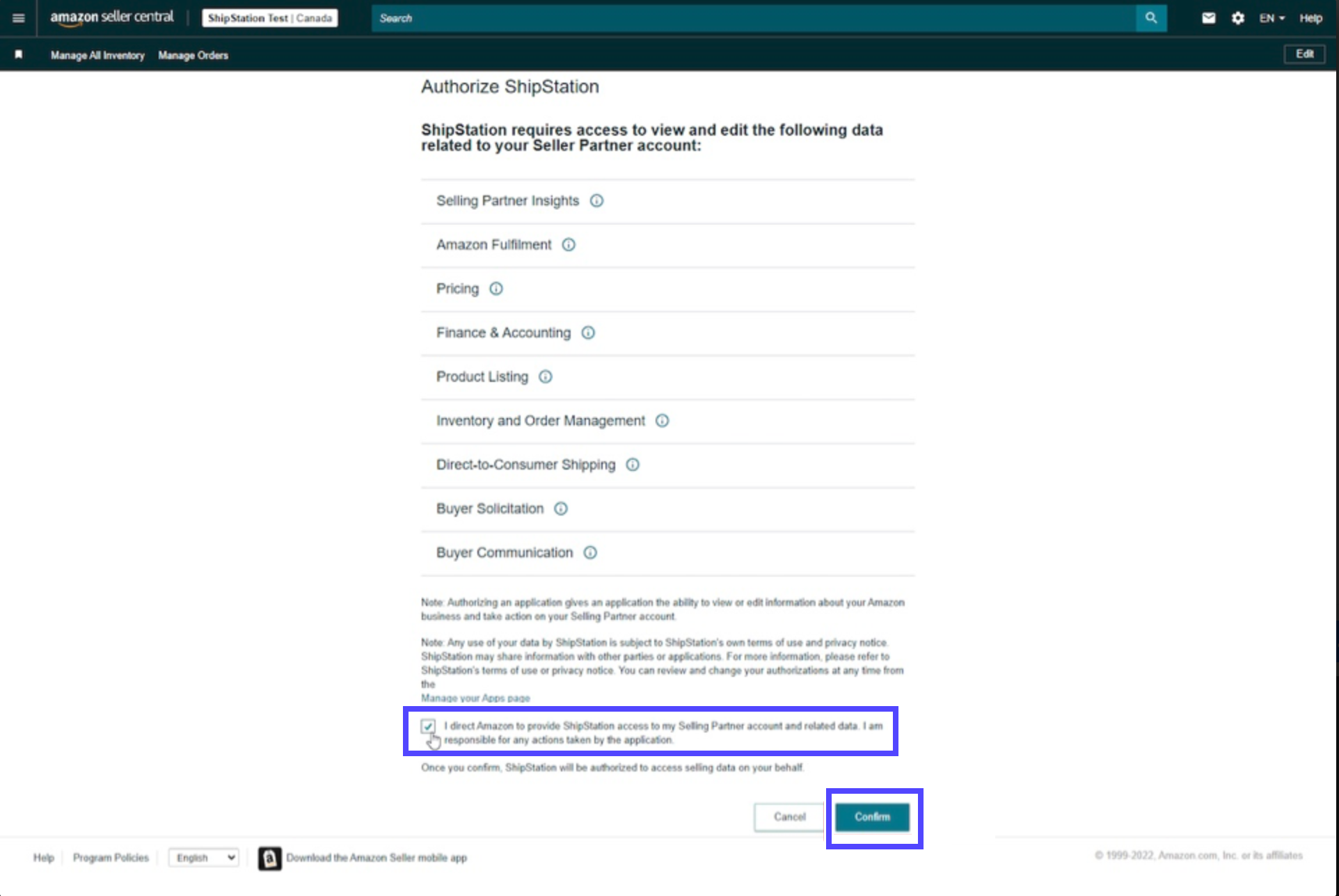 Amazon Authorization screen with the authorization checkbox highlighted.