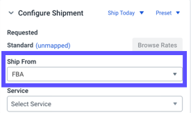 Shipping sidebar with FBA selected as Ship From