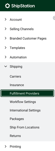 Settings sidebar with Shipping section open and Fulfillment Providers section highlighted.