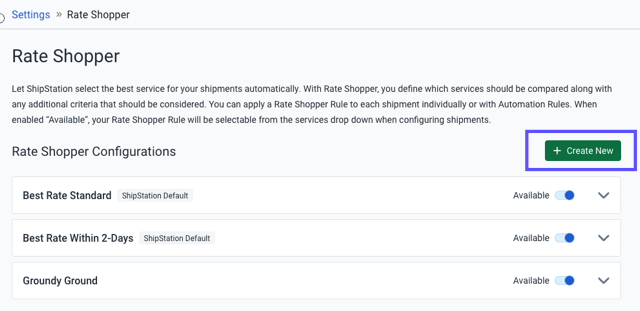 Box highlights Create New button on Rate Shopper page.