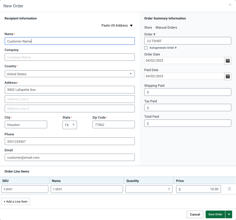 V3 New Order pop-up screen, with recipient, order, and item fields filled in.