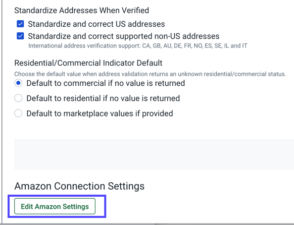 Amazon store settings. General tab. Shows Edit Amazon Settings button.