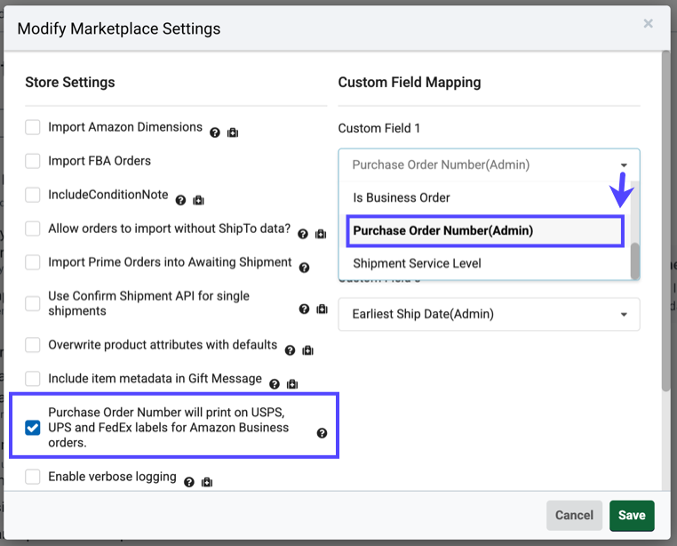 Modify Marketplace Settings popup. Shows P O number setting enabled& Custom Field 1 with Purchase Order number.