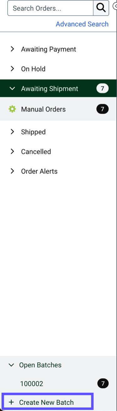V3 Order tab left-hand sidebar, red box highlights the Create a New Batch