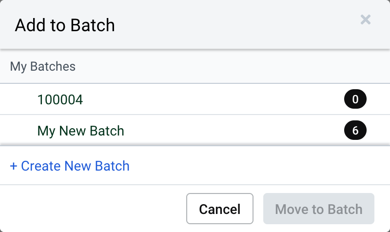 Add to Batch popup. Lists Batch number or name, creation date, and count of orders in that batch. Create New Batch button @ bottom.