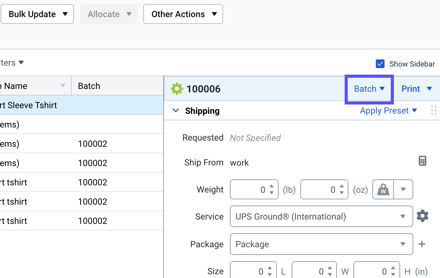 Orders tab, arrow points to Batch option above Shipping Sidebar