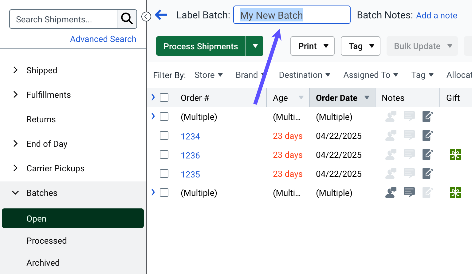 Batch details screen. Red arrow points to Batch number and/or Batch name field. Entered field name reads, My New batch.