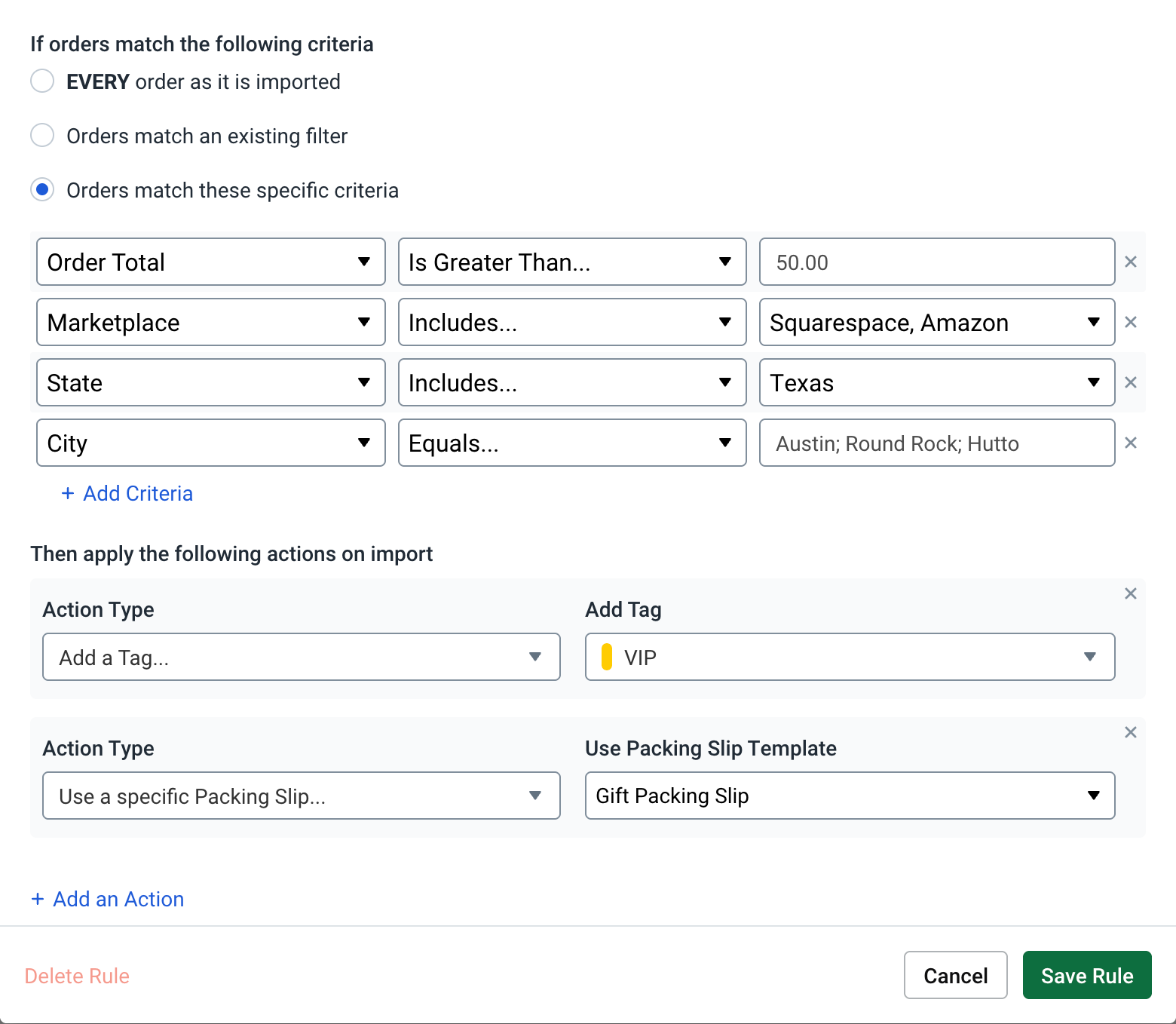 Example of multi-criteria and multi-action automation rule