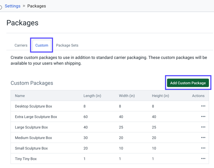 Under Packages, the Custom tab & Add-Custom-Package button shown marked